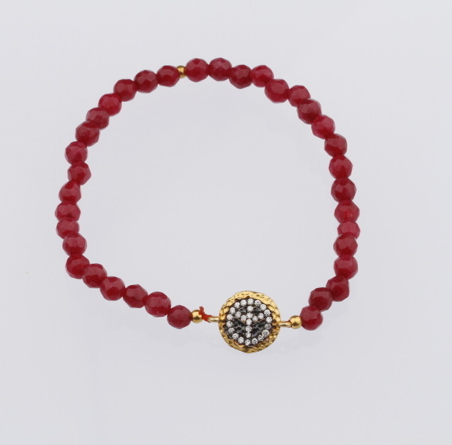Peace Sign Red Color Natural Ruby Beads Stretch Evil Eye Bracelet